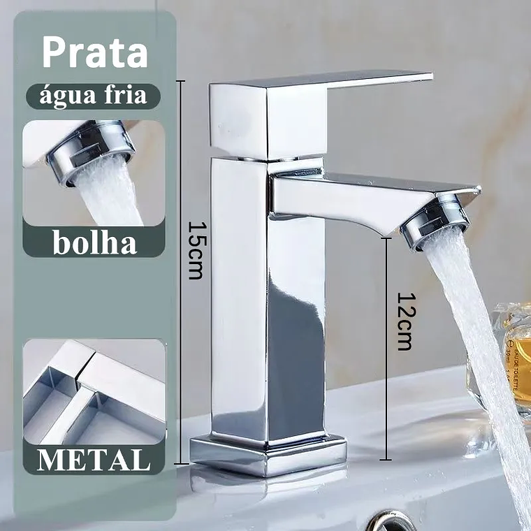 Torneira de prata do lavatório do banheiro elegante, Torneira de bacia de alta gama para água fria, Metal Build 2