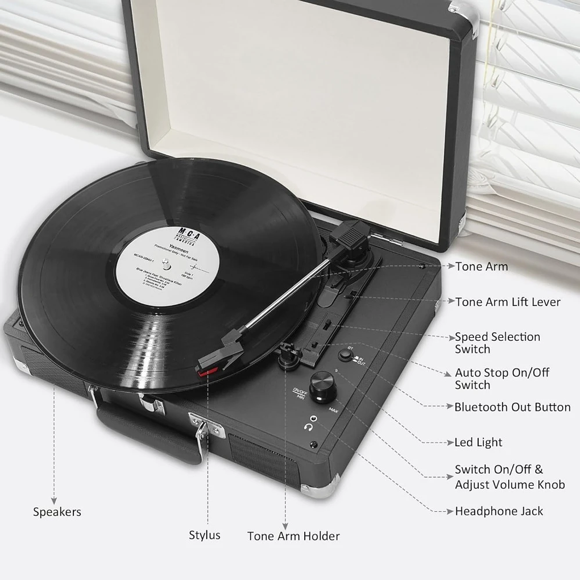 Reproductor LP de maleta portátil, transmisión por correa de 3 velocidades, reproductor de discos de vinilo Bluetooth con altavoces y grabación, conector RCA/AUX/HP 6