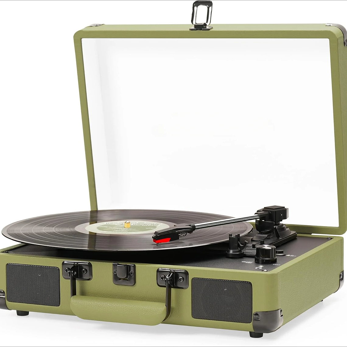 Reproductor LP de maleta portátil, transmisión por correa de 3 velocidades, reproductor de discos de vinilo Bluetooth con altavoces y grabación, conector RCA/AUX/HP 8