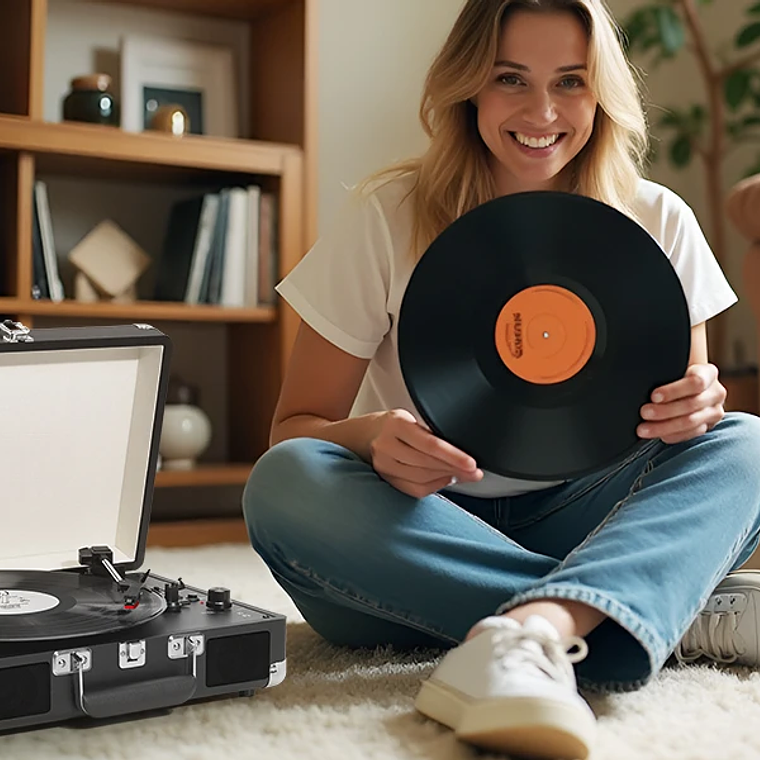 Reproductor LP de maleta portátil, transmisión por correa de 3 velocidades, reproductor de discos de vinilo Bluetooth con altavoces y grabación, conector RCA/AUX/HP 11