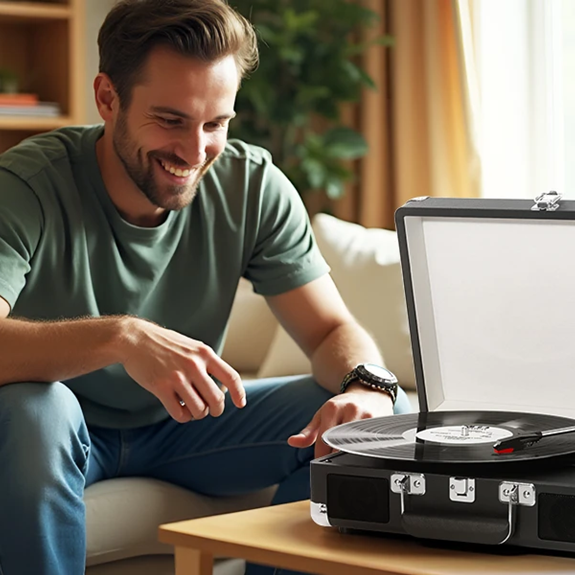 Reproductor LP de maleta portátil, transmisión por correa de 3 velocidades, reproductor de discos de vinilo Bluetooth con altavoces y grabación, conector RCA/AUX/HP 12