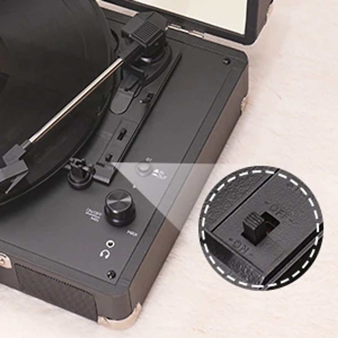 Reproductor LP de maleta portátil, transmisión por correa de 3 velocidades, reproductor de discos de vinilo Bluetooth con altavoces y grabación, conector RCA/AUX/HP 16