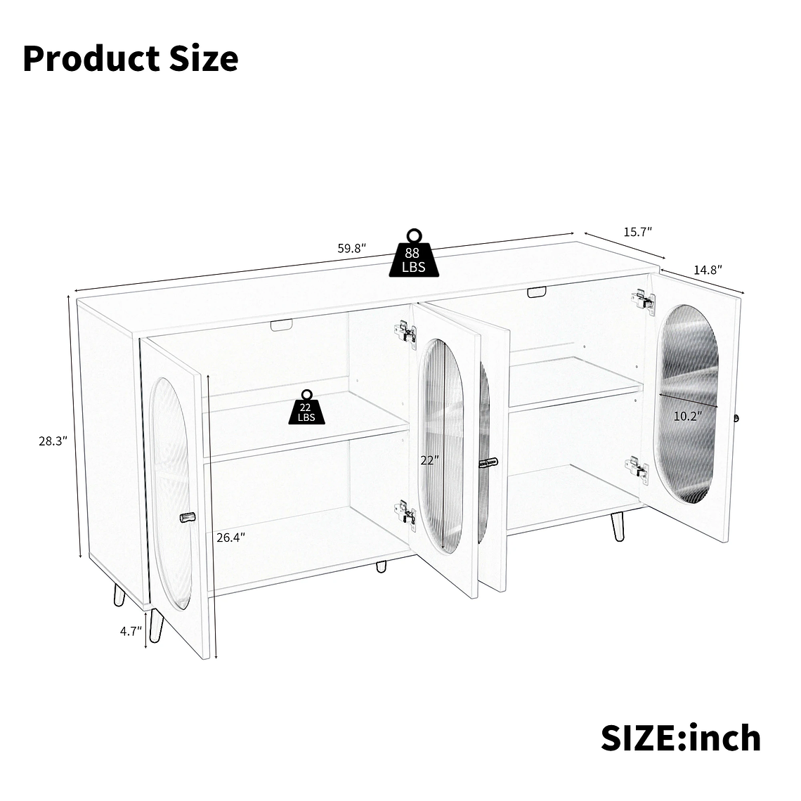 Gabinete de almacenamiento para Buffet, gabinete de almacenamiento de 60 pulgadas, 4 puertas acrílicas, gabinete decorativo, aparador para pasillo, entrada, sala de estar, blanco 12