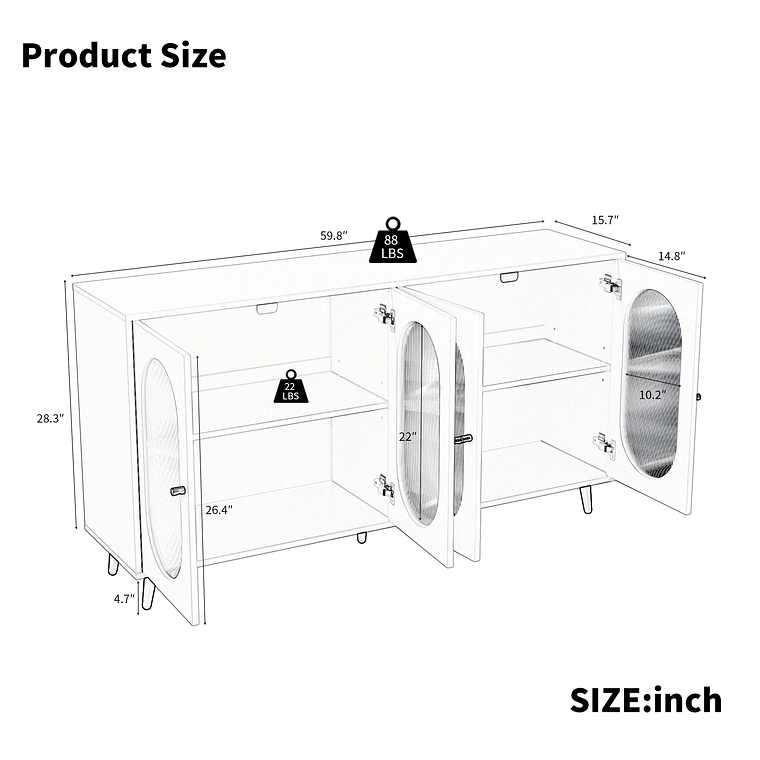 Gabinete de almacenamiento para Buffet, gabinete de almacenamiento de 60 pulgadas, 4 puertas acrílicas, gabinete decorativo, aparador para pasillo, entrada, sala de estar, blanco 12