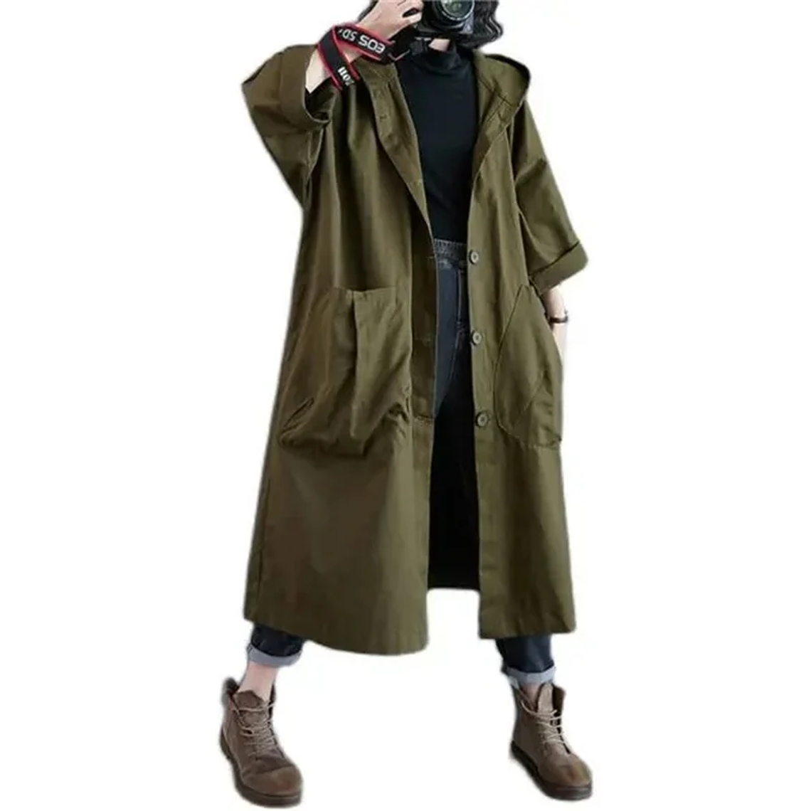 Gabardina de gran tamaño para primavera y otoño para mujer, cortavientos holgado y versátil con capucha, abrigo largo para mujer, chaqueta con bolsillo B 2