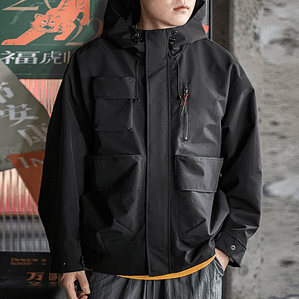 Maden Chaqueta con capucha funcional informal con múltiples bolsillos Abrigo deportivo al aire libre suelto negro para chaqueta versátil de primavera y otoño para hombres
