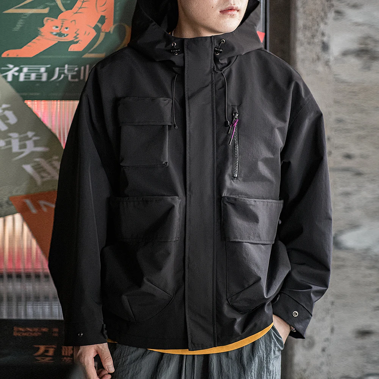 Maden Chaqueta con capucha funcional informal con múltiples bolsillos Abrigo deportivo al aire libre suelto negro para chaqueta versátil de primavera y otoño para hombres 2