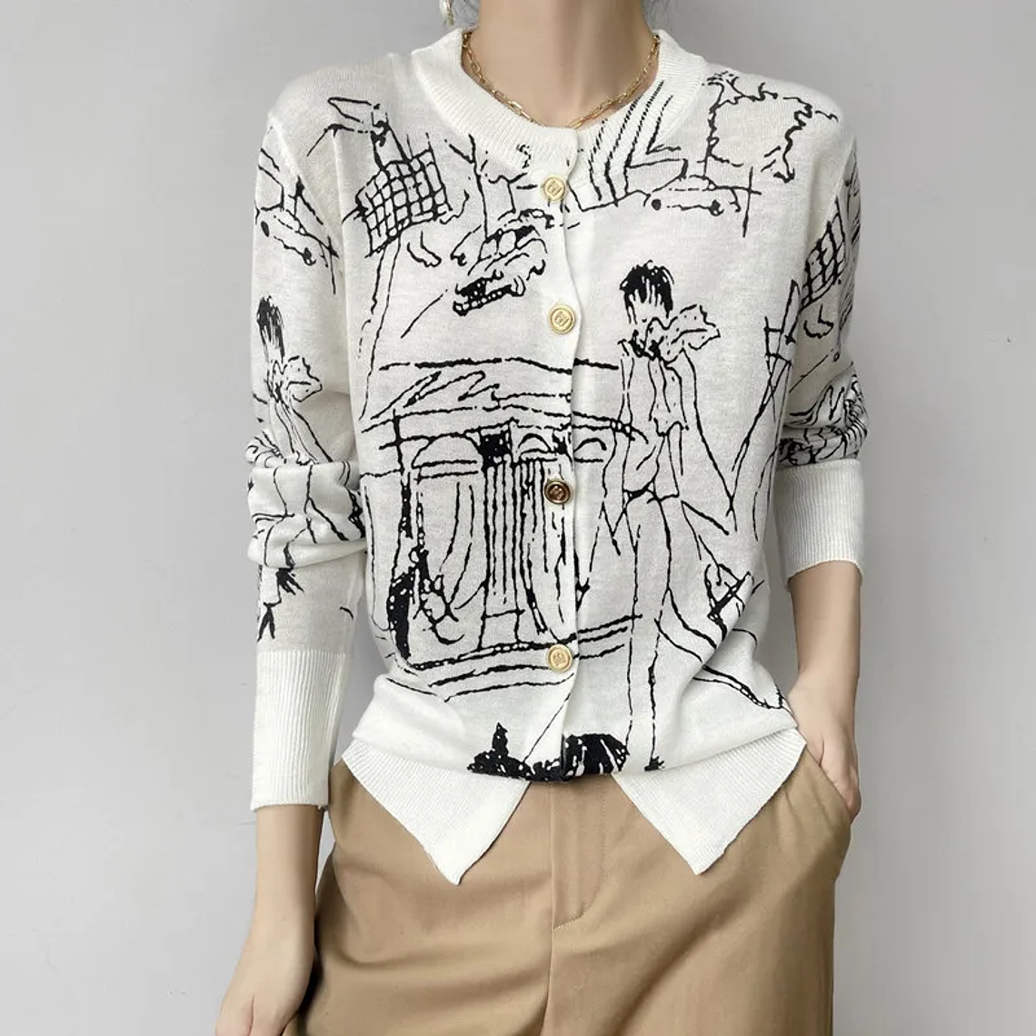 Primavera y otoño nuevo cárdigan de punto de lana mujer dibujo grafiti Jersey suelto manga larga cuello redondo suéter fino abrigo XZ TY 3