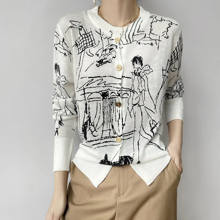 Primavera y otoño nuevo cárdigan de punto de lana mujer dibujo grafiti Jersey suelto manga larga cuello redondo suéter fino abrigo XZ TY 3