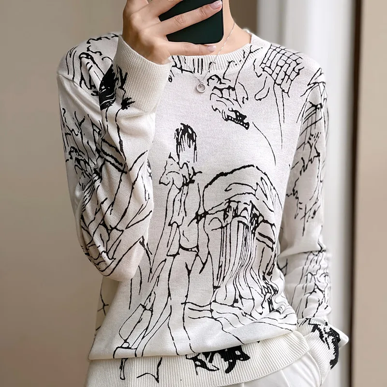 Primavera y otoño nuevo cárdigan de punto de lana mujer dibujo grafiti Jersey suelto manga larga cuello redondo suéter fino abrigo XZ TY 4