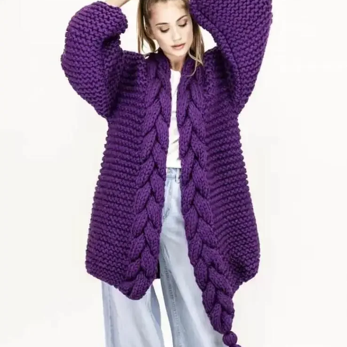 Suéter tejido a mano con borlas, abrigo de ganchillo, cárdigan grueso, manga larga de linterna, Tops cortos, Otoño e Invierno 9