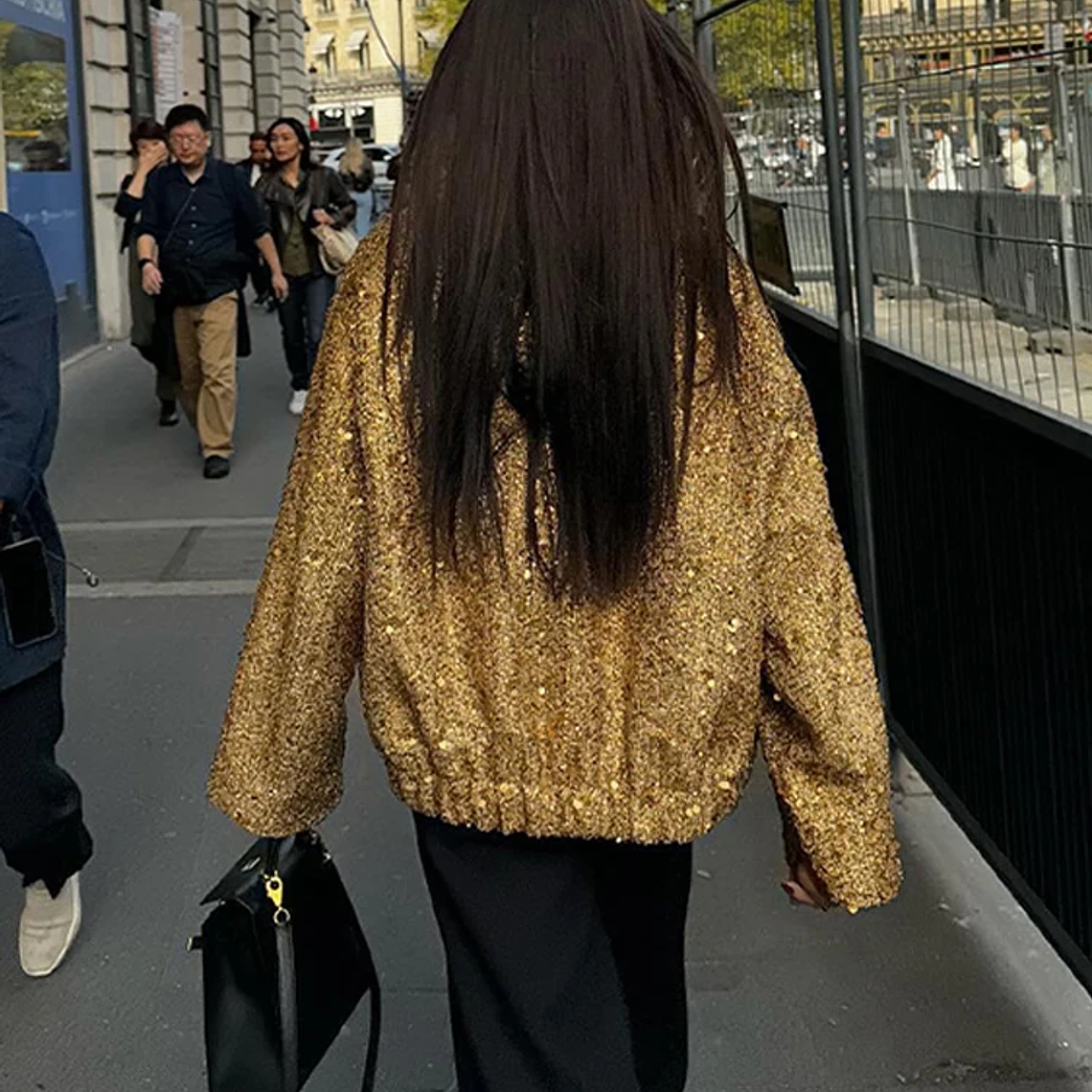 Chaqueta Bomber con lentejuelas para mujer, abrigos dorados de manga larga con cuello levantado, ropa de abrigo Vintage holgada, moda de otoño e invierno, 2023 2