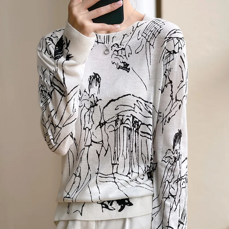 Primavera y otoño nuevo cárdigan de punto de lana mujer dibujo grafiti Jersey suelto manga larga cuello redondo suéter fino abrigo XZ TY 5