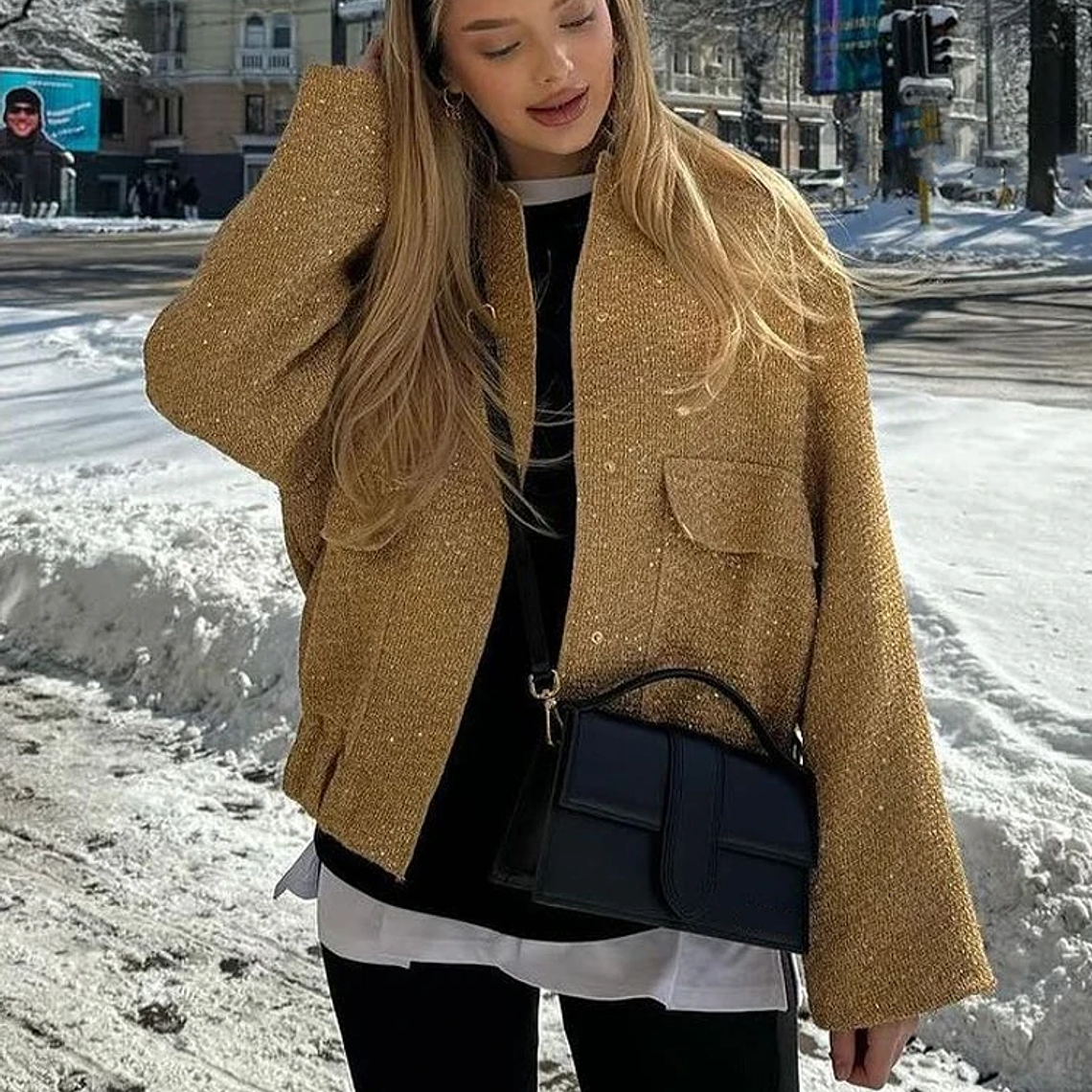 Chaqueta Bomber con lentejuelas para mujer, abrigos dorados de manga larga con cuello levantado, ropa de abrigo Vintage holgada, moda de otoño e invierno, 2023 3