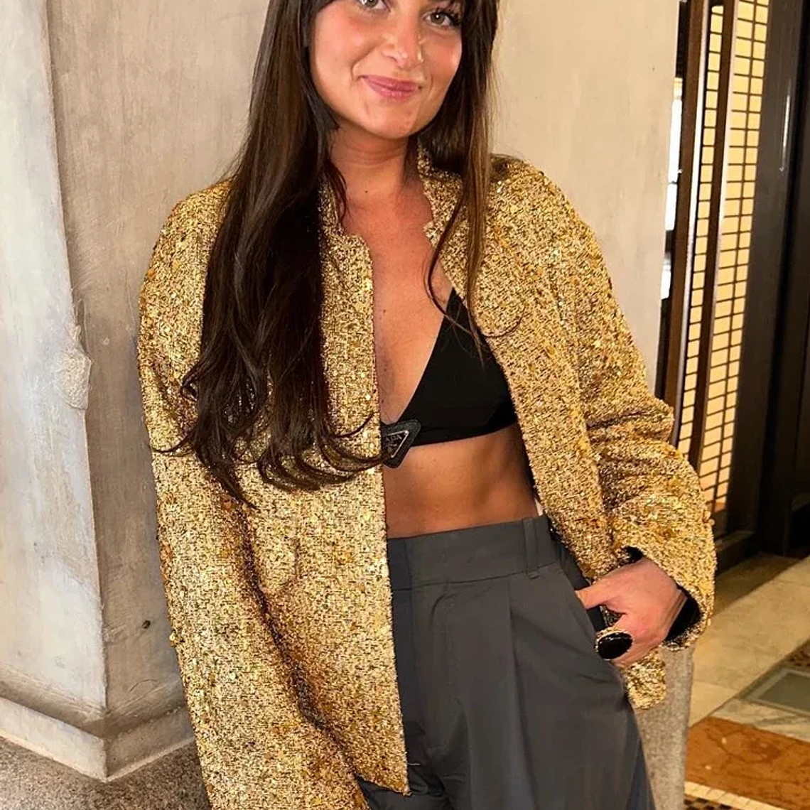 Chaqueta Bomber con lentejuelas para mujer, abrigos dorados de manga larga con cuello levantado, ropa de abrigo Vintage holgada, moda de otoño e invierno, 2023 5