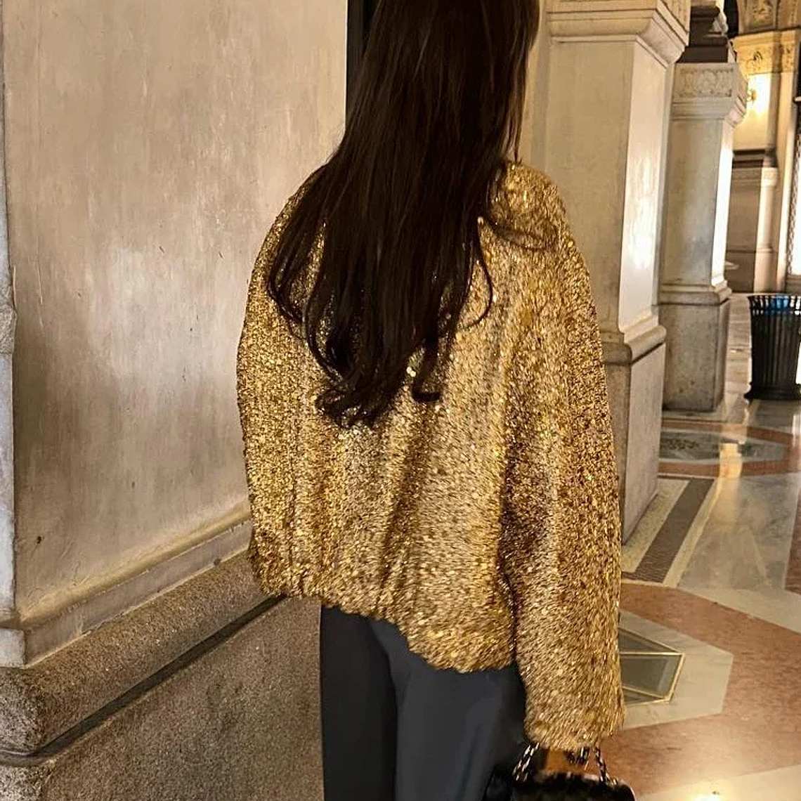 Chaqueta Bomber con lentejuelas para mujer, abrigos dorados de manga larga con cuello levantado, ropa de abrigo Vintage holgada, moda de otoño e invierno, 2023 6