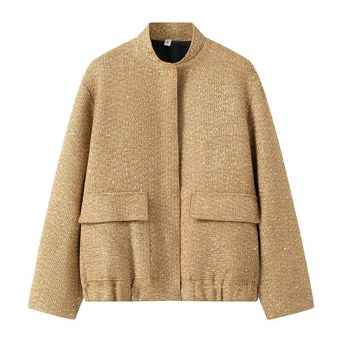 Chaqueta Bomber con lentejuelas para mujer, abrigos dorados de manga larga con cuello levantado, ropa de abrigo Vintage holgada, moda de otoño e invierno, 2023 7