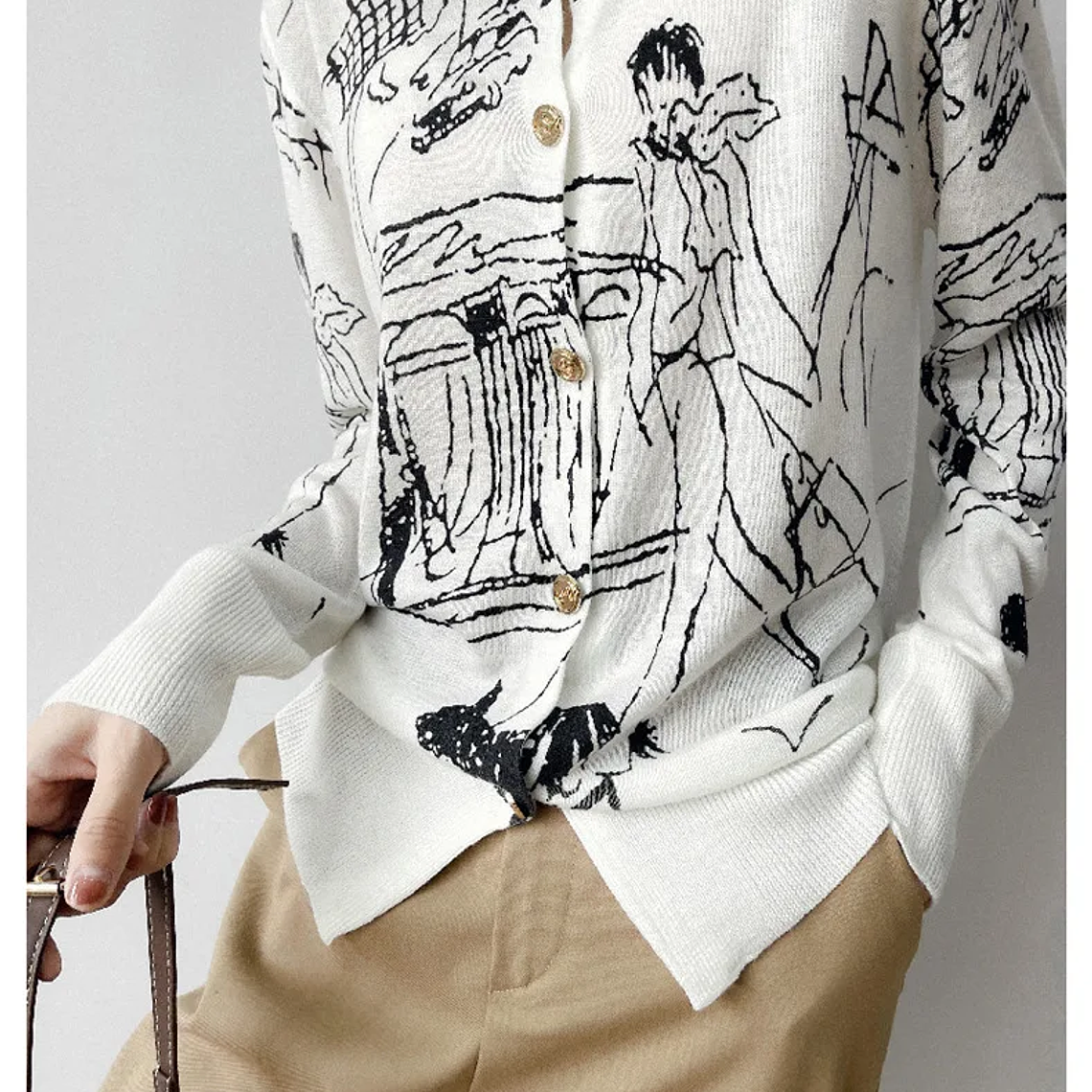 Primavera y otoño nuevo cárdigan de punto de lana mujer dibujo grafiti Jersey suelto manga larga cuello redondo suéter fino abrigo XZ TY 11