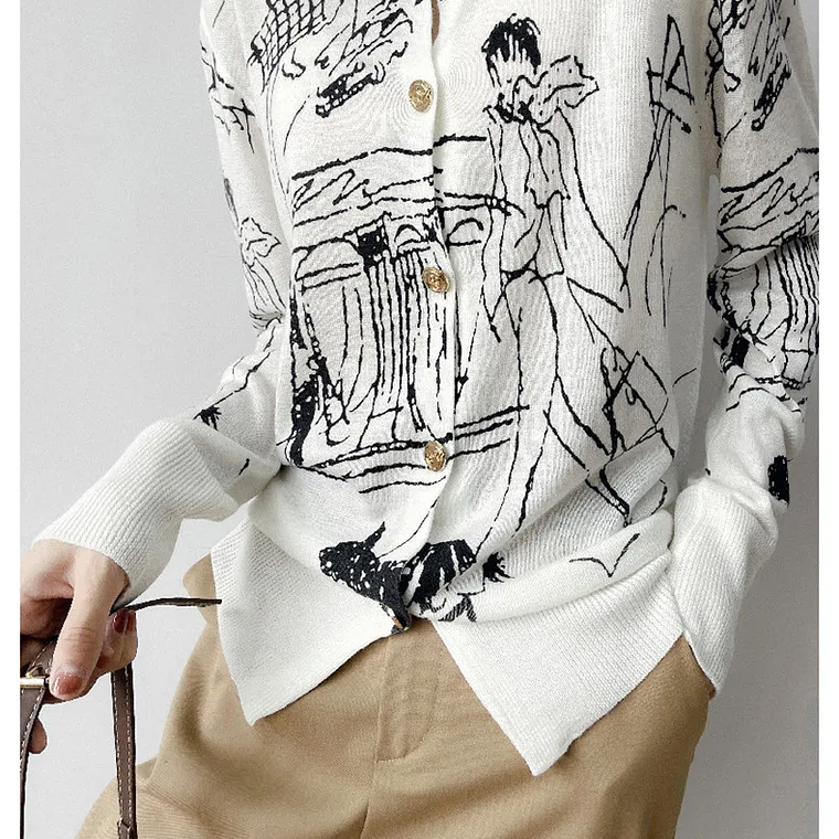 Primavera y otoño nuevo cárdigan de punto de lana mujer dibujo grafiti Jersey suelto manga larga cuello redondo suéter fino abrigo XZ TY 11