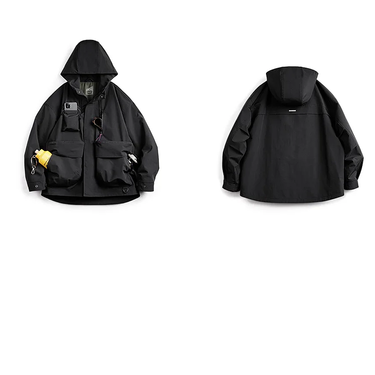 Maden Chaqueta con capucha funcional informal con múltiples bolsillos Abrigo deportivo al aire libre suelto negro para chaqueta versátil de primavera y otoño para hombres 15