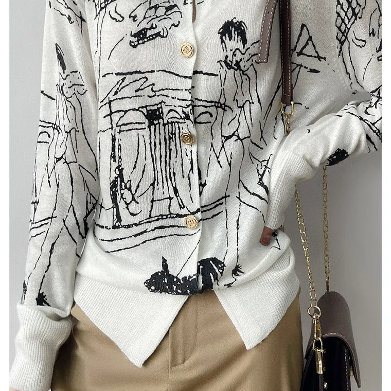 Primavera y otoño nuevo cárdigan de punto de lana mujer dibujo grafiti Jersey suelto manga larga cuello redondo suéter fino abrigo XZ TY 12