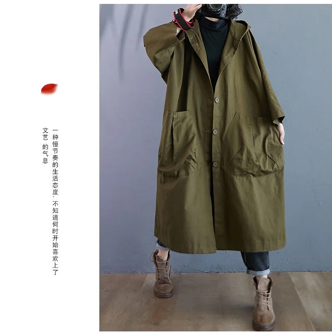 Gabardina de gran tamaño para primavera y otoño para mujer, cortavientos holgado y versátil con capucha, abrigo largo para mujer, chaqueta con bolsillo B 19