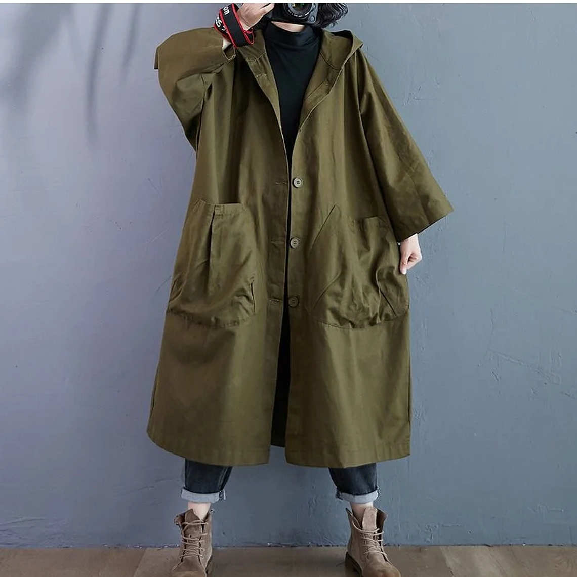 Gabardina de gran tamaño para primavera y otoño para mujer, cortavientos holgado y versátil con capucha, abrigo largo para mujer, chaqueta con bolsillo B 20