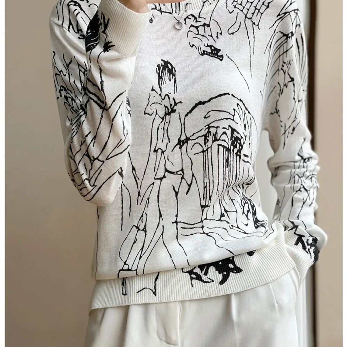 Primavera y otoño nuevo cárdigan de punto de lana mujer dibujo grafiti Jersey suelto manga larga cuello redondo suéter fino abrigo XZ TY 14