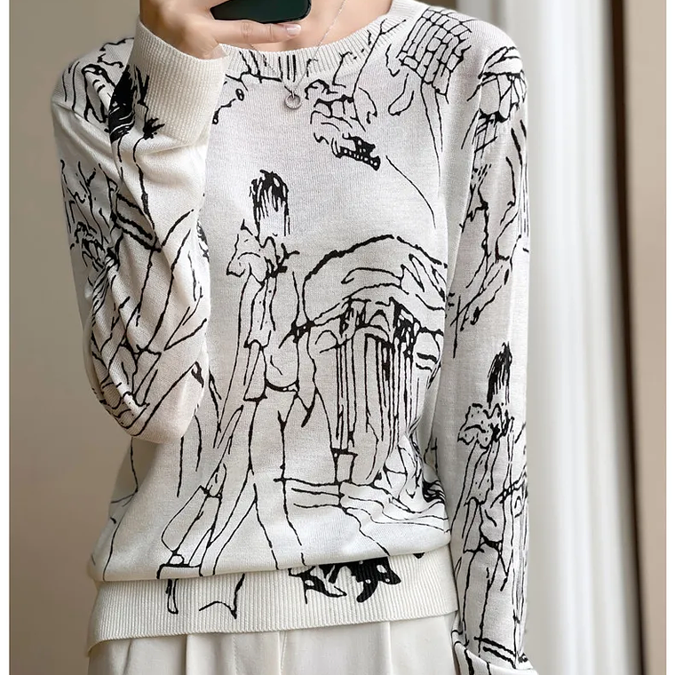 Primavera y otoño nuevo cárdigan de punto de lana mujer dibujo grafiti Jersey suelto manga larga cuello redondo suéter fino abrigo XZ TY 15