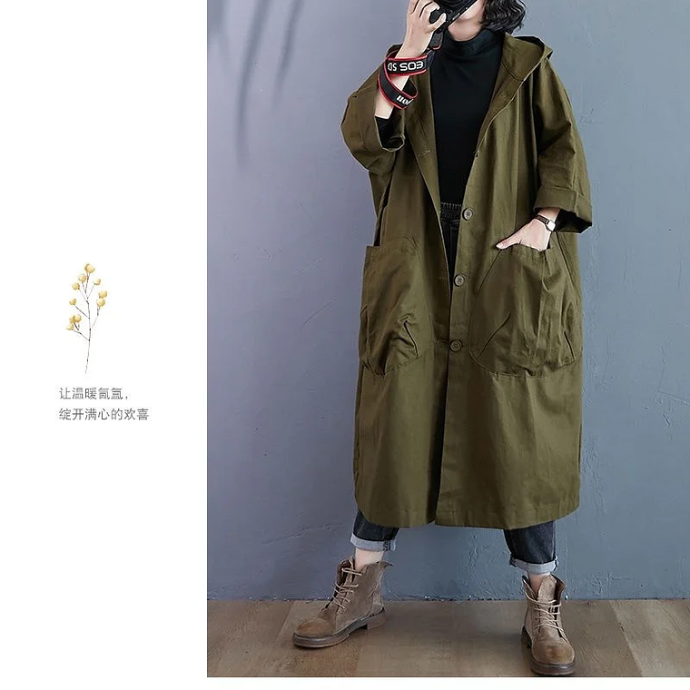Gabardina de gran tamaño para primavera y otoño para mujer, cortavientos holgado y versátil con capucha, abrigo largo para mujer, chaqueta con bolsillo B 23