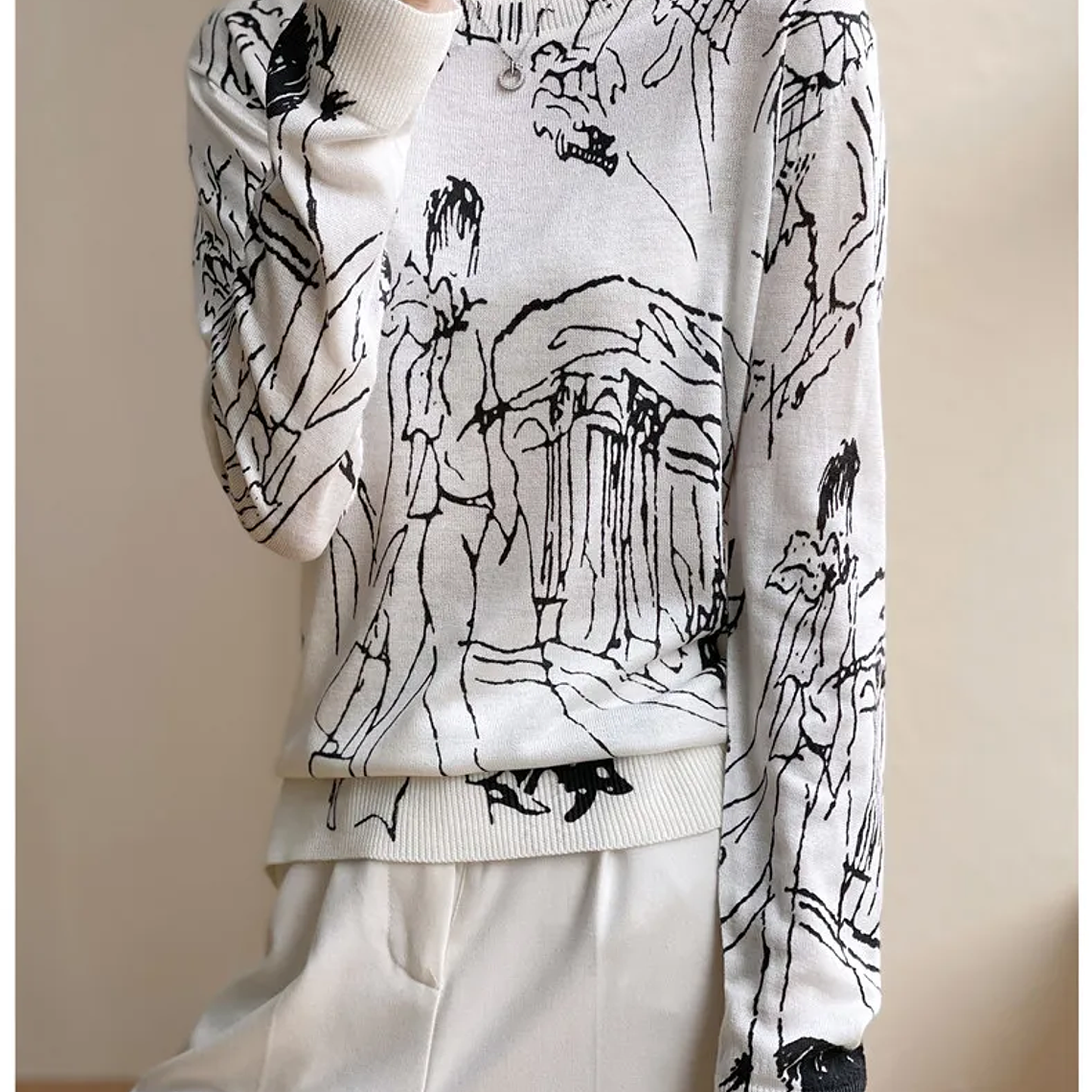 Primavera y otoño nuevo cárdigan de punto de lana mujer dibujo grafiti Jersey suelto manga larga cuello redondo suéter fino abrigo XZ TY 19