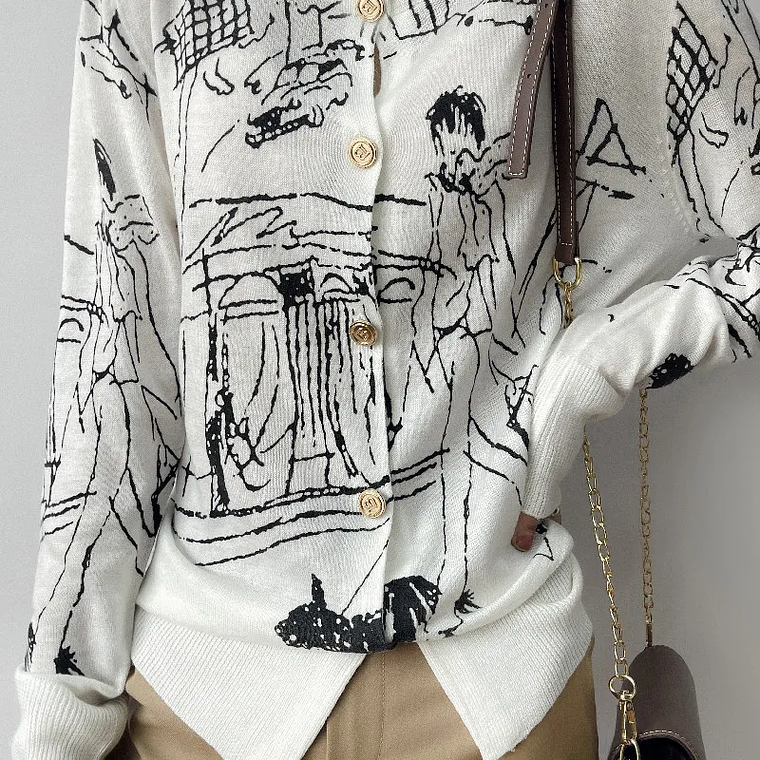 Primavera y otoño nuevo cárdigan de punto de lana mujer dibujo grafiti Jersey suelto manga larga cuello redondo suéter fino abrigo XZ TY 20