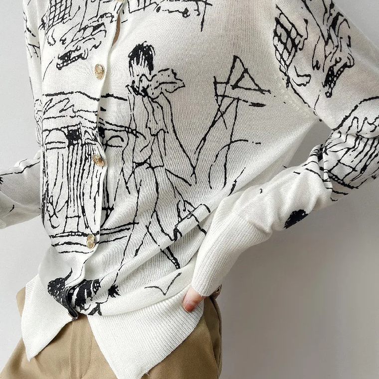 Primavera y otoño nuevo cárdigan de punto de lana mujer dibujo grafiti Jersey suelto manga larga cuello redondo suéter fino abrigo XZ TY 22