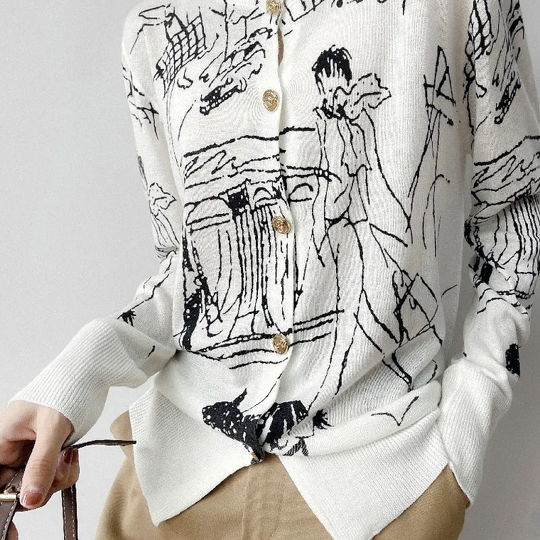 Primavera y otoño nuevo cárdigan de punto de lana mujer dibujo grafiti Jersey suelto manga larga cuello redondo suéter fino abrigo XZ TY 23