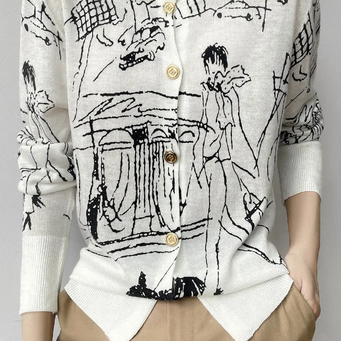 Primavera y otoño nuevo cárdigan de punto de lana mujer dibujo grafiti Jersey suelto manga larga cuello redondo suéter fino abrigo XZ TY 25