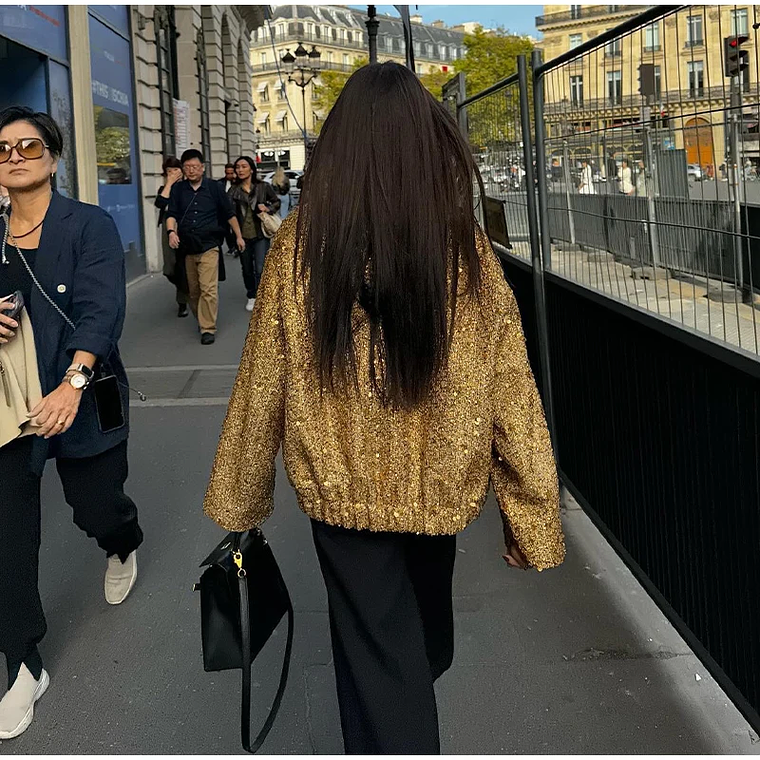 Chaqueta Bomber con lentejuelas para mujer, abrigos dorados de manga larga con cuello levantado, ropa de abrigo Vintage holgada, moda de otoño e invierno, 2023 21