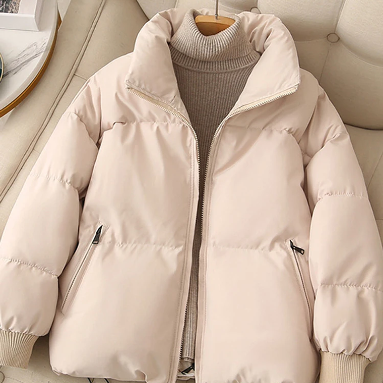 Abrigos cálidos sólidos sueltos para mujer, abrigo informal grueso con cremallera, cuello alto, ropa de calle elegante Harajuku para mujer, Invierno 1