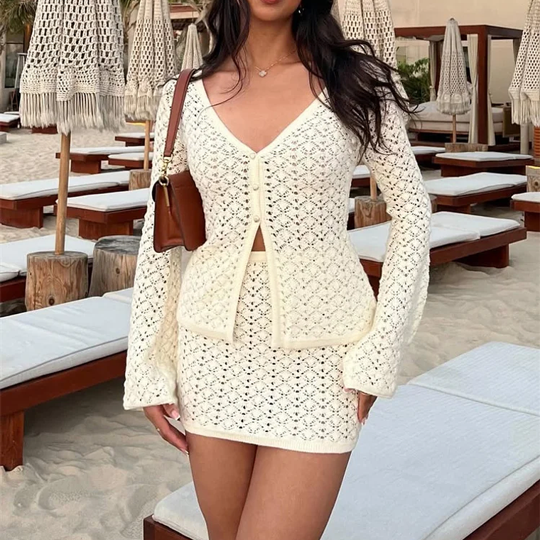 Tossy Knit-Conjunto de 2 piezas de falda calada para mujer, cárdigan con cuello en V, abrigo y minifalda de cintura alta, prendas de punto, ropa de playa 1