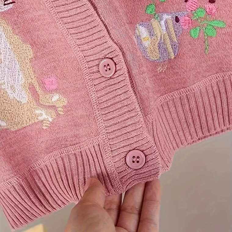 Cárdigan para niños niña conejo bordado hoja de loto cuello redondo niñas suéter Top de punto 5