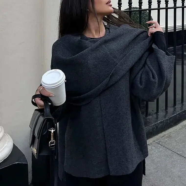 HH bufanda asimétrica de moda abrigo de punto para mujer invierno cálido manga larga un solo botón chaqueta corta de lana suelta para mujer 1