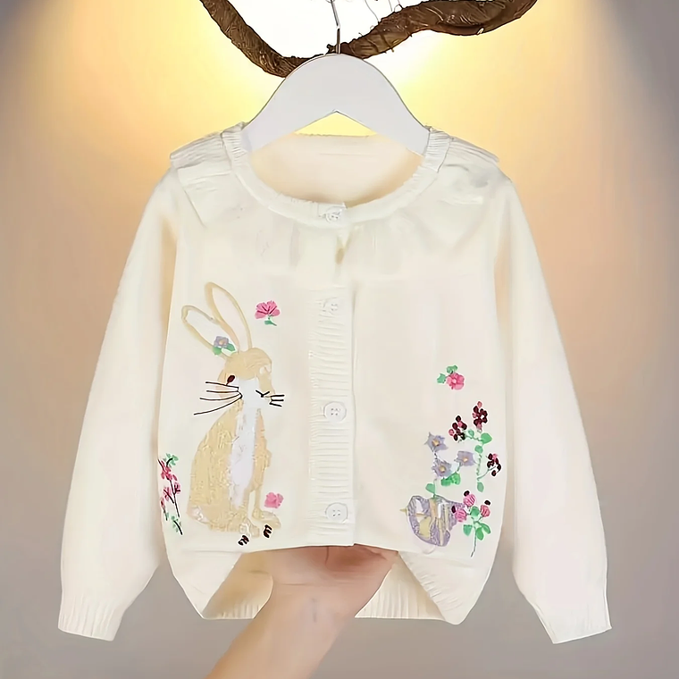 Cárdigan para niños niña conejo bordado hoja de loto cuello redondo niñas suéter Top de punto 6