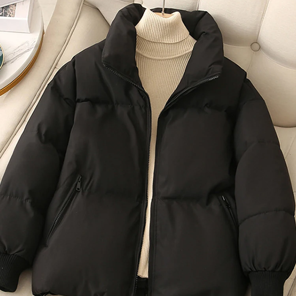 Abrigos cálidos sólidos sueltos para mujer, abrigo informal grueso con cremallera, cuello alto, ropa de calle elegante Harajuku para mujer, Invierno 3