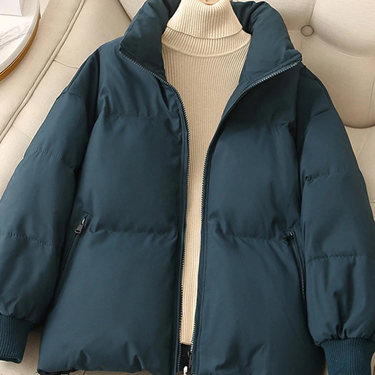 Abrigos cálidos sólidos sueltos para mujer, abrigo informal grueso con cremallera, cuello alto, ropa de calle elegante Harajuku para mujer, Invierno 4