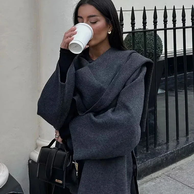 HH bufanda asimétrica de moda abrigo de punto para mujer invierno cálido manga larga un solo botón chaqueta corta de lana suelta para mujer 2