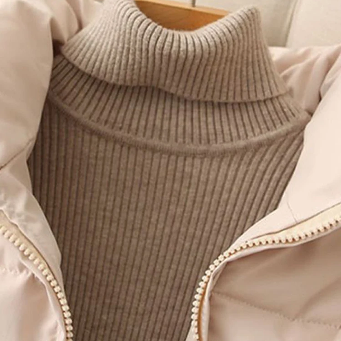 Abrigos cálidos sólidos sueltos para mujer, abrigo informal grueso con cremallera, cuello alto, ropa de calle elegante Harajuku para mujer, Invierno 5