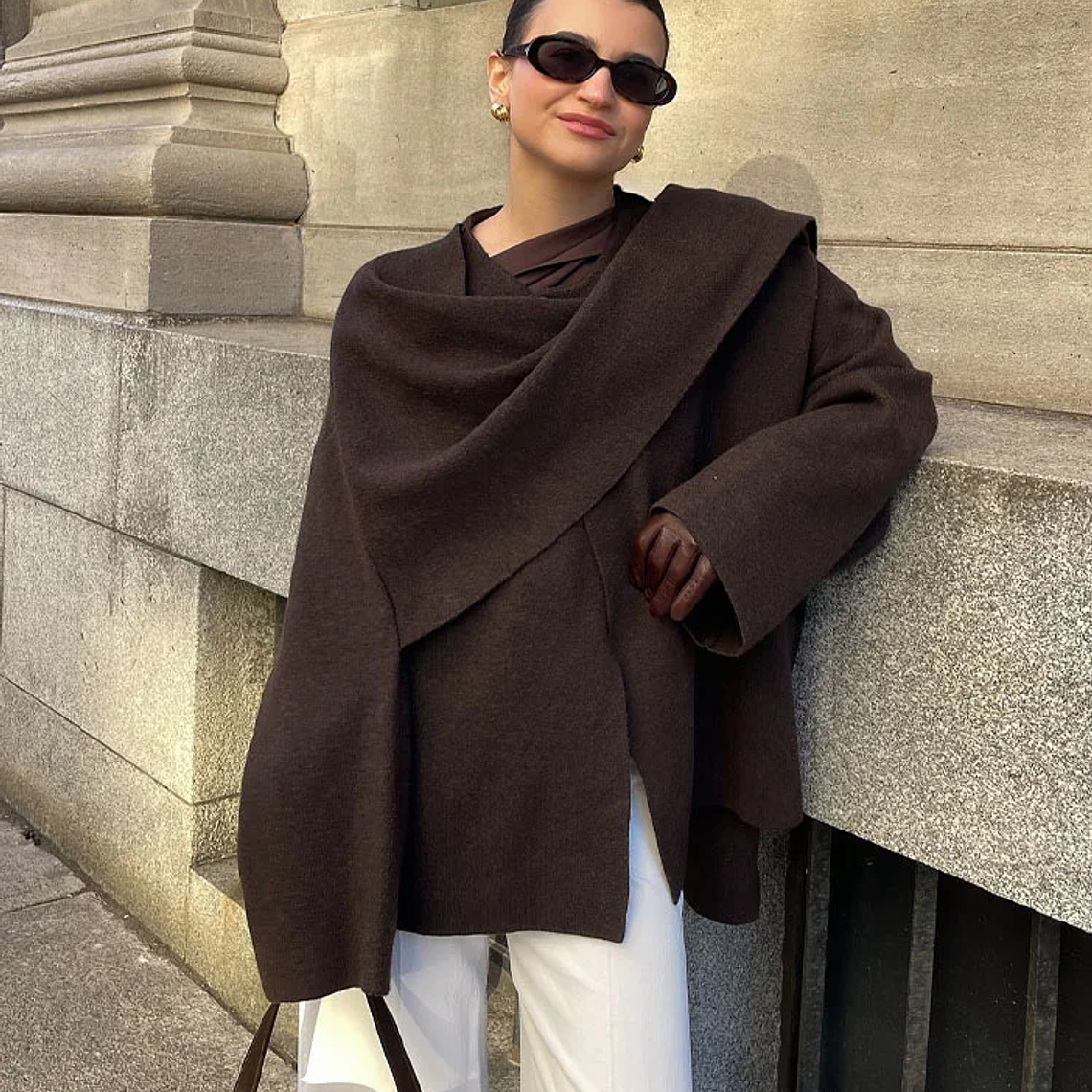 HH bufanda asimétrica de moda abrigo de punto para mujer invierno cálido manga larga un solo botón chaqueta corta de lana suelta para mujer 3