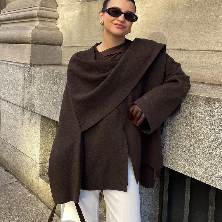 HH bufanda asimétrica de moda abrigo de punto para mujer invierno cálido manga larga un solo botón chaqueta corta de lana suelta para mujer 3