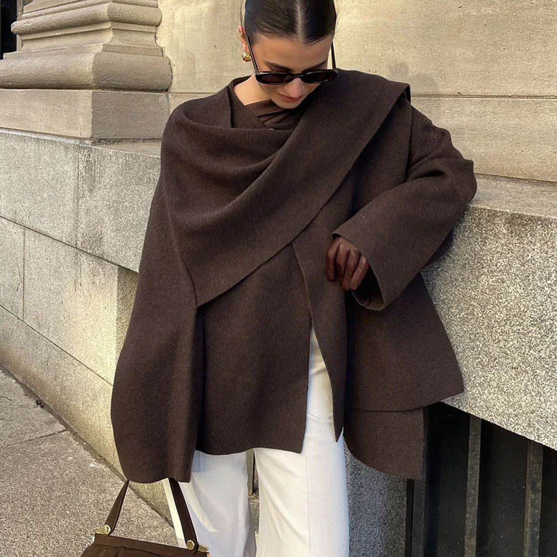 HH bufanda asimétrica de moda abrigo de punto para mujer invierno cálido manga larga un solo botón chaqueta corta de lana suelta para mujer 4