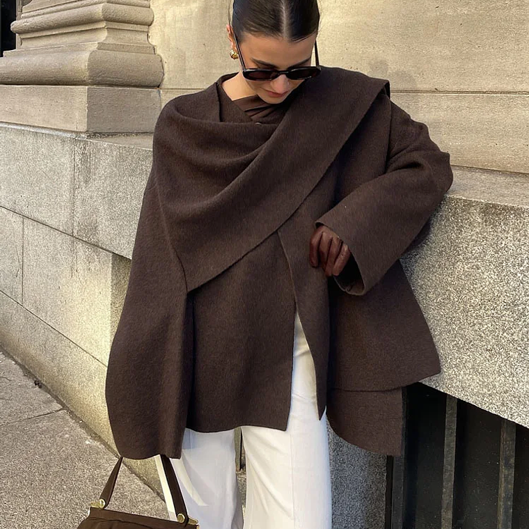 HH bufanda asimétrica de moda abrigo de punto para mujer invierno cálido manga larga un solo botón chaqueta corta de lana suelta para mujer 4