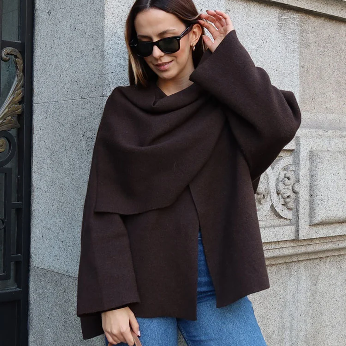 HH bufanda asimétrica de moda abrigo de punto para mujer invierno cálido manga larga un solo botón chaqueta corta de lana suelta para mujer 5